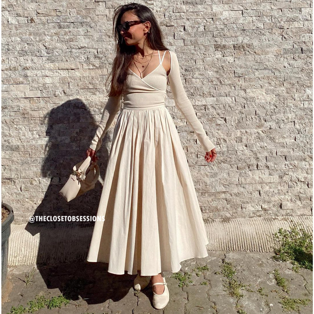 Zara NWT Cream Textured Cotton High Waist Pleated Full Midi Skirt M L - Picture 12 of 16
